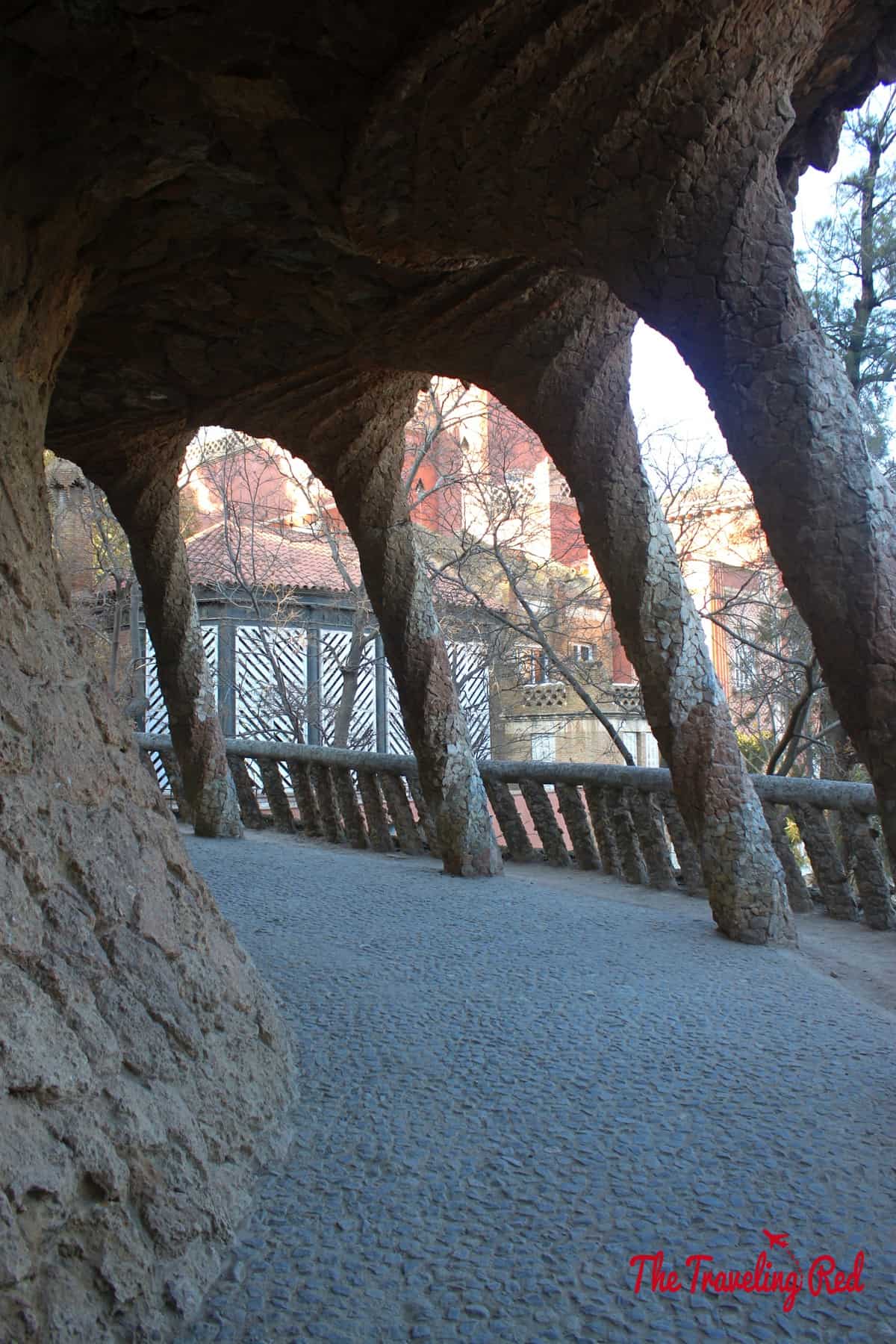The Colonnaded Footpath in Parc Güell, the most famous park in Barcelona, Spain.