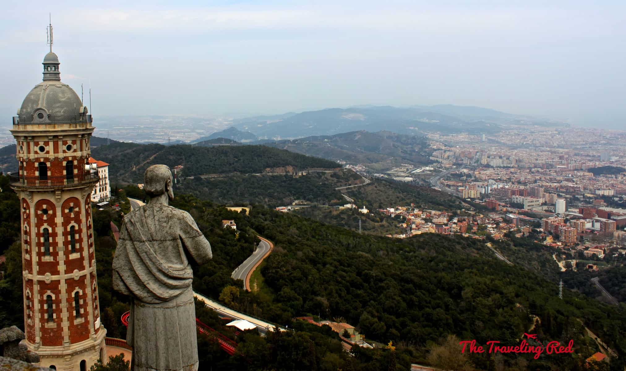 The view of Barcelona, Spain from the Sagrat Cor (the church at the summit) in Tibidabo. Tibidabo is a mountain with an amusement park and church. It is the highest point in the city with incredible sweeping views of the city.