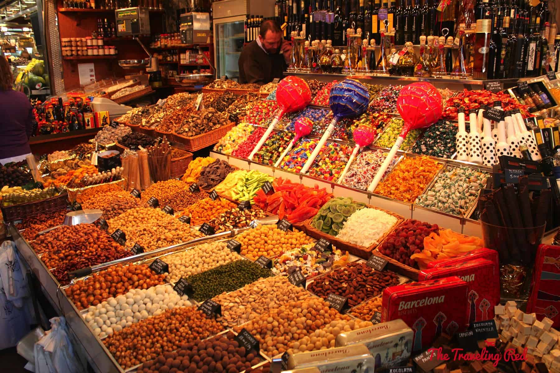 You can't miss the famous La Boqueria, a vibrant fresh market on Las Ramblas in Barcelona, Spain. They sell everything.... fresh fruit, seafood, smoothies, candy, chocolates, etc.