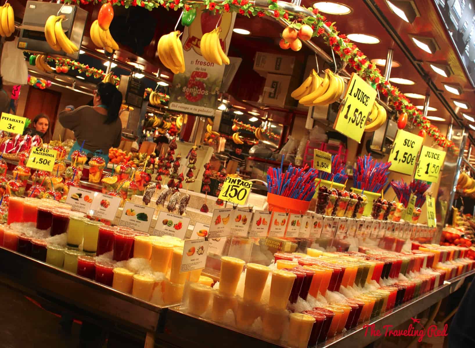 You can't miss the famous La Boqueria, a vibrant fresh market on Las Ramblas in Barcelona, Spain. They sell everything.... fresh fruit, seafood, smoothies, candy, chocolates, etc.