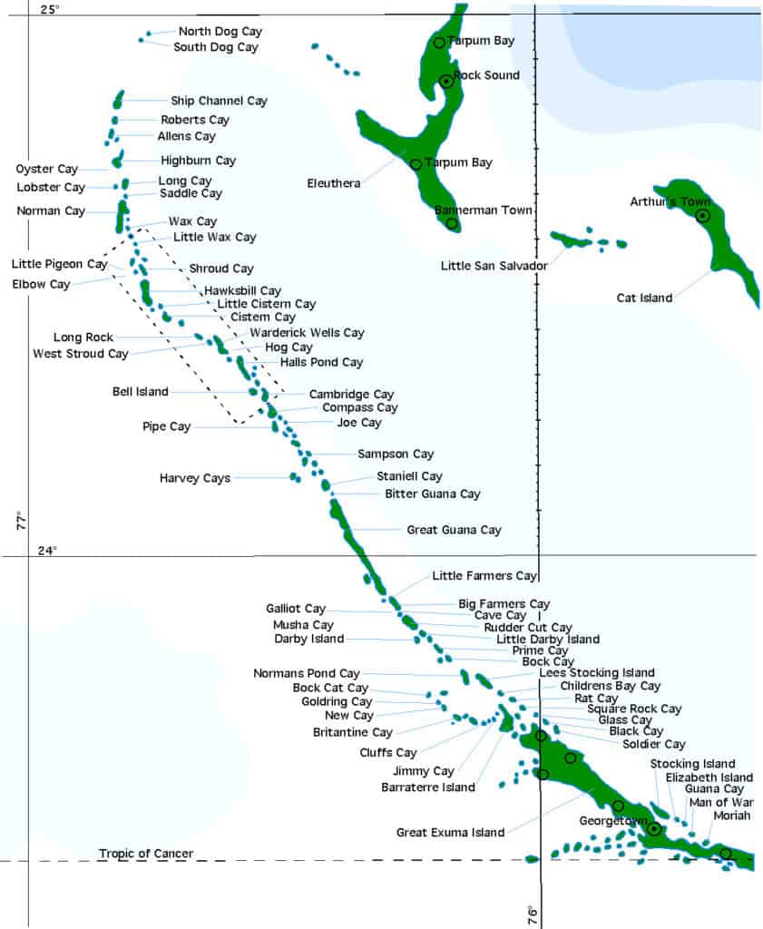 Map of all the cays (or islands) in Exuma, the Bahamas. The Exumas are made up of over 300 little cays, each one with something different to see.