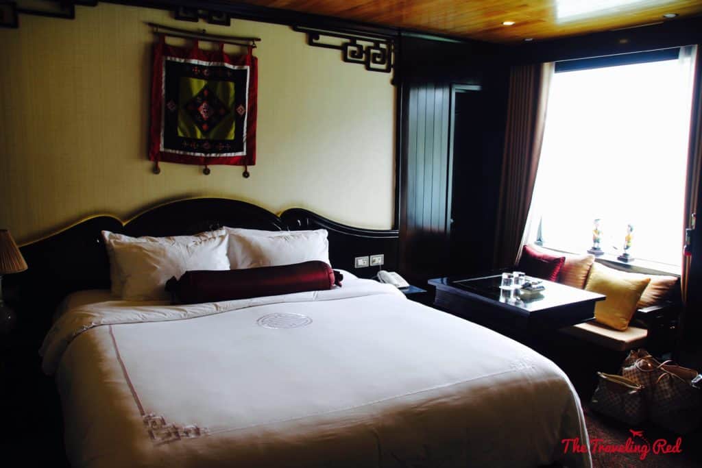 Inside our luxurious cabin aboard the Dragon Legend. A romantic cruise in Bai Tu Long Bay, right next to Halong Bay, Vietnam. The best honeymoon destination in Asia. #Halongbay #Vietnam #cruise #honeymoon #honeymoondestination