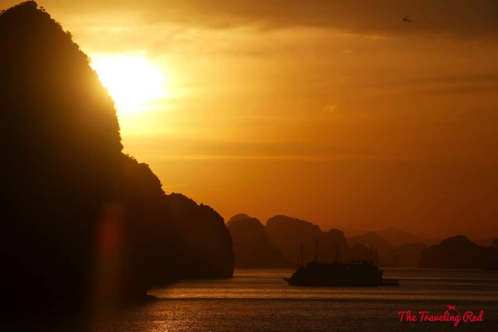 The most beautiful sunset in Vietnam. Romantic cruise in Bai Tu Long Bay, right next to Halong Bay, Vietnam, aboard the Dragon Legend Cruise ship. The best honeymoon destination in Asia. #Halongbay #Vietnam #cruise #honeymoon #honeymoondestination