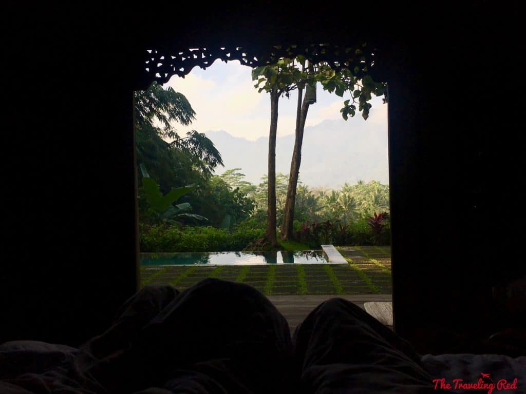 Morning view from our bed at the Plataran Hotel. The most incredible private cottage and private pool overlooking the mountains in Java, Indonesia. The perfect hotel for visiting Borobudur Temple at sunrise. | Indonesia | Java | Plataran Hotel | Sunrise Tour | Borobudur Temple 
