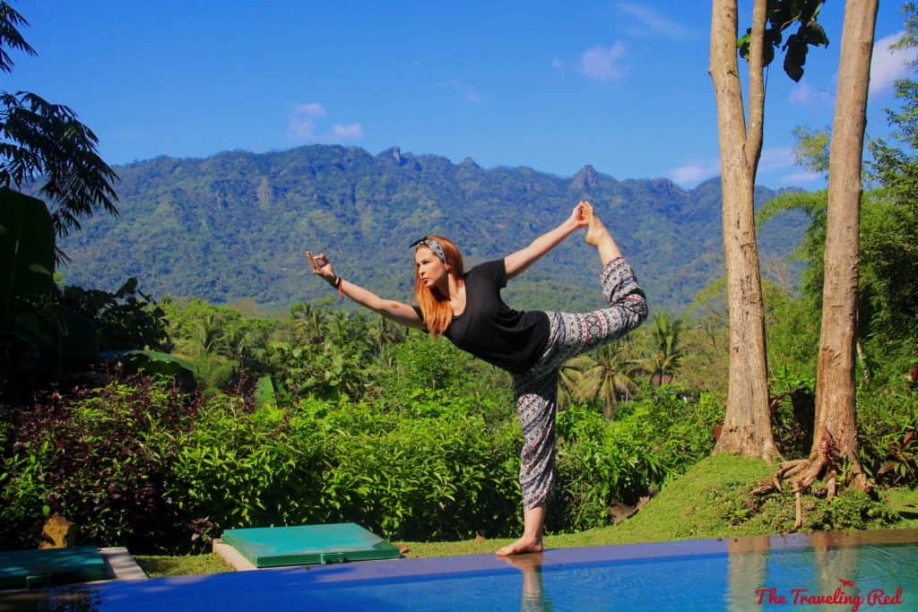 Practicing yoga with the most spectacular view at the Plataran Hotel in Java, Indonesia. The most beautiful hotel on the island. Our private cottage with a private pool, overlooking the mountain. It's the perfect hotel to stay in for your visit to Borobudur Temple at sunrise. | Indonesia | Java | Plataran Hotel | Sunrise Tour | Borobudur Temple  