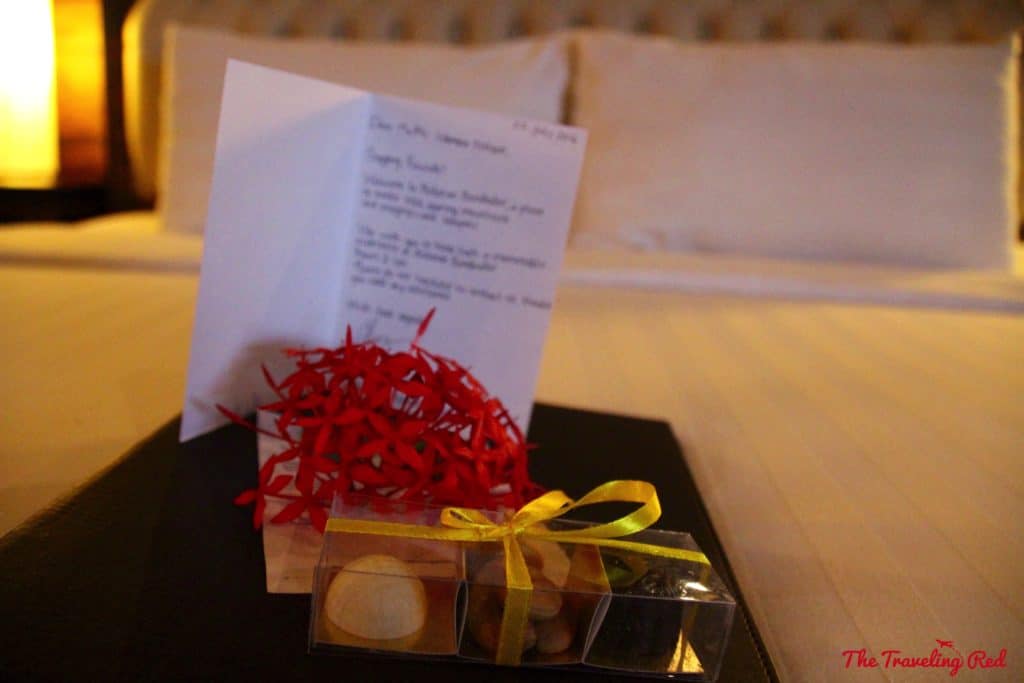 Our personal note and gift waiting for us on the bed from the staff at Plataran Hotel in Java, Indonesia. | Indonesia | Java | Plataran Hotel | Sunrise Tour | Borobudur Temple 