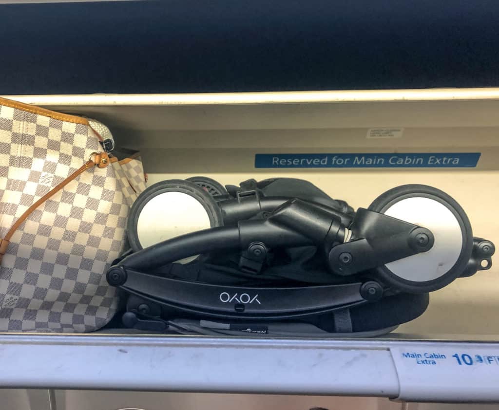 Traveling with a Kid Must Have - a BabyZen YoYo+ Stroller. This stroller folds down small enough to fit in the overhead compartment, so there's no need to check it in. I love this because the airline doesn't mess up my stroller and it's just so easy to use and super lightweight (under 15 lbs).