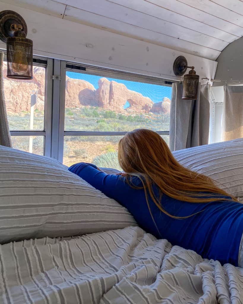 View of Arches National Park from inside our converted school bus, 2 Cool 4 Skool Bus.