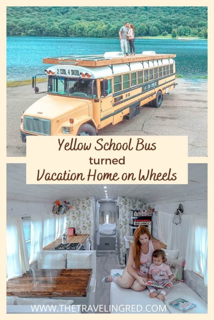 Inside a converted yellow school bus. Turned a bus into a vacation home on wheels. This is 2 Cool 4 Skool Bus, the Skoolie.
