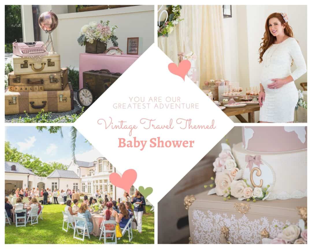 Vintage Travel Theme Baby Shower | Baby Girl | You Are My Greatest Adventure | Lace, World Map, Flowers, Cameras, Vintage Decor | Cake, Sweets, Desserts, Lounge Seating Area, World Cuisine, Food Stations, Seating Arrangement | Home Baby Shower | Blush Pink, Beige, Gold, Champagne, White