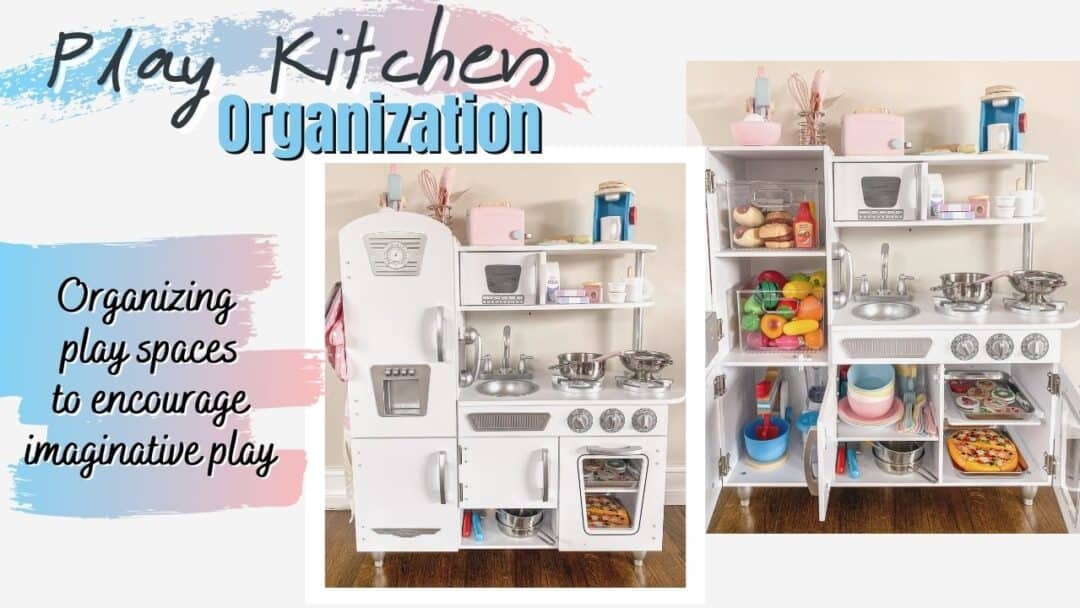 Organized Pretend Play Kitchen - everything you need to fill the cutest little kitchen with everything your girl or boy needs to play in an organized manner. Everything has a perfect spot. I linked every item and shared both girl and boy options perfect for pretend play. The perfect present for a toddler for a birthday or the holidays. | Cutting Food, Fruits & Veggies | BBQ Grilling Set | Plates & Utensils | Small Kitchen Appliances | Blender, Mixer, Toaster, Coffee Maker | Apron & Oven Mitts | Pizza, Cookies & Baking Sheets | Organized Clear Bins | #PretendPlay #PlayKitchen #LittleKitchen #Organization #Organizing