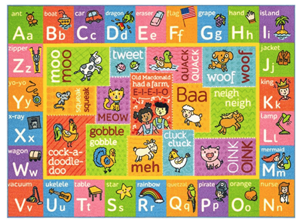 Colorful learning area rug, perfect for a homeschool classroom. Homeschool Rooms | Homeschool | Homeschooling | Classroom | Preschool | Kindergarten | Make Learning Fun with Games #homeschool #homeschooling #classroom #homeschoolclassroom #homeschoolroom #homeschoolingrooms