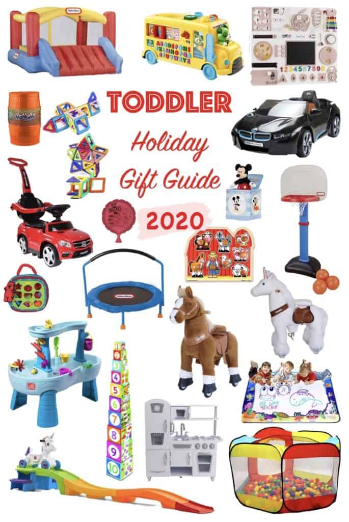 Holiday Gift Guide for a Toddler - The best toys, learning games and outdoor toys for toddlers, ages 2, 3, 4 and 5. Big Christmas or Hanukah presents, as well as small gifts under $20 and under $30. Learning games, bath time fun, outdoor toys, etc. #giftguide #christmas #christmashopping #toddlergifts #shoppingguide 