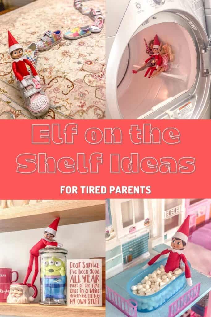 Elf on the Shelf Ideas for Tired Parents. Fun & easy Elf on the Shelf ideas for your toddler or little kid. Elf swinging on a roll of toilet paper. Quick to setup and lots of naughty and nice ideas, perfect to bring some Christmas magic to your home. #ElfOnTheShelf #ElfIdeas #ElfOnTheShelfIdeas #Christmas #ChristmasMagic