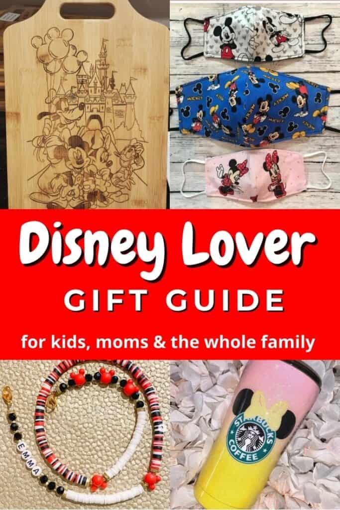 Gift guide for the Disney lover in your life - gifts for any Disney kid, mom or Disney family you love. All gifts from small shops and Disney moms. Disney masks, mask chains, shirts, tumblers, purses, dolls, bows, headbands, ears, wands, clothes, kitchen accessories. #DisneyLover #DisneyBaby #DIsneyMOM #DisneyGifts #Disney