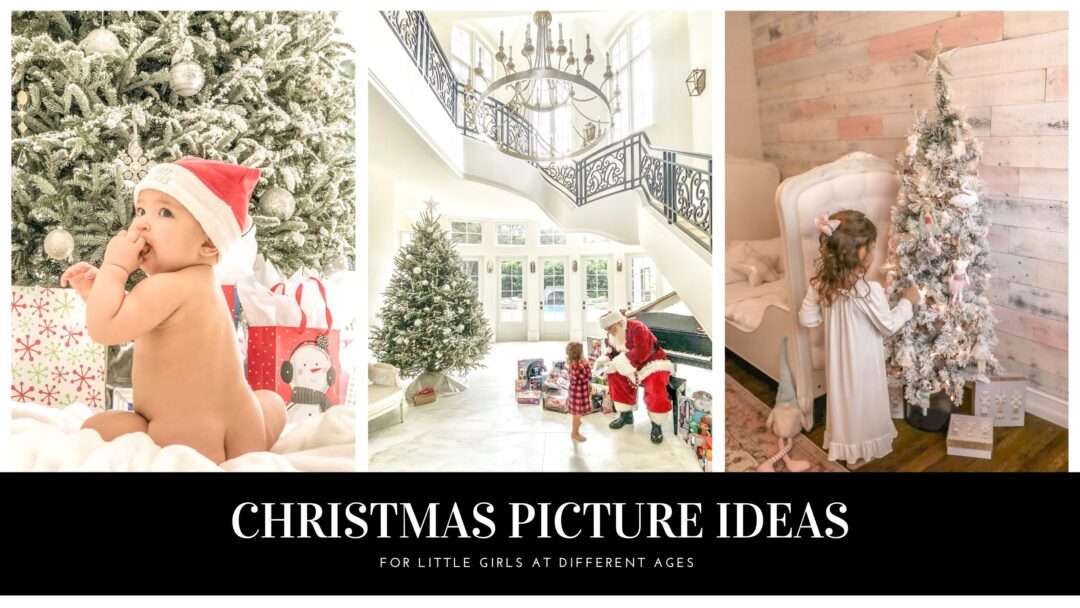 Baby and toddler girl Christmas pictures inspiration at each age. Fun Christmas photos perfect for each age during the holiday time. From baby's first Christmas, to meeting Santa and becoming a big girl with her own christmas tree in her room. #ChristmasPictures #ChristmasInspo #ChristmasBaby #Santa #Babys1stChristmas