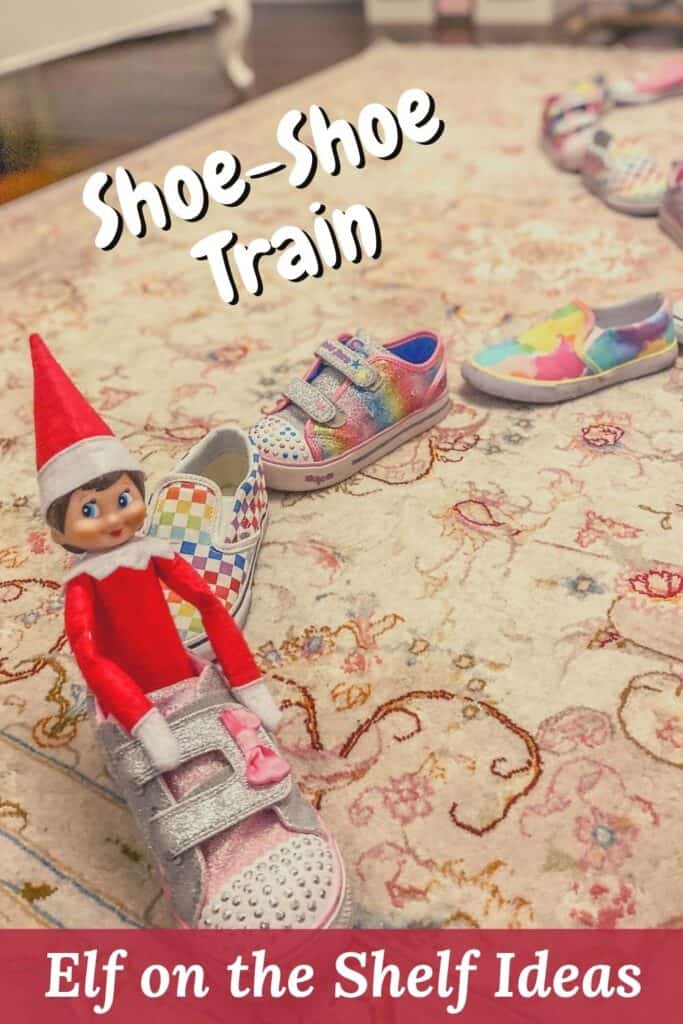 Fun & easy Elf on the Shelf ideas, like the Shoe-Shoe train, for your toddler or little kid. Elf swinging on a roll of toilet paper. Quick to setup and lots of naughty and nice ideas, perfect to bring some Christmas magic to your home. #ElfOnTheShelf #ElfIdeas #ElfOnTheShelfIdeas #Christmas #ChristmasMagic