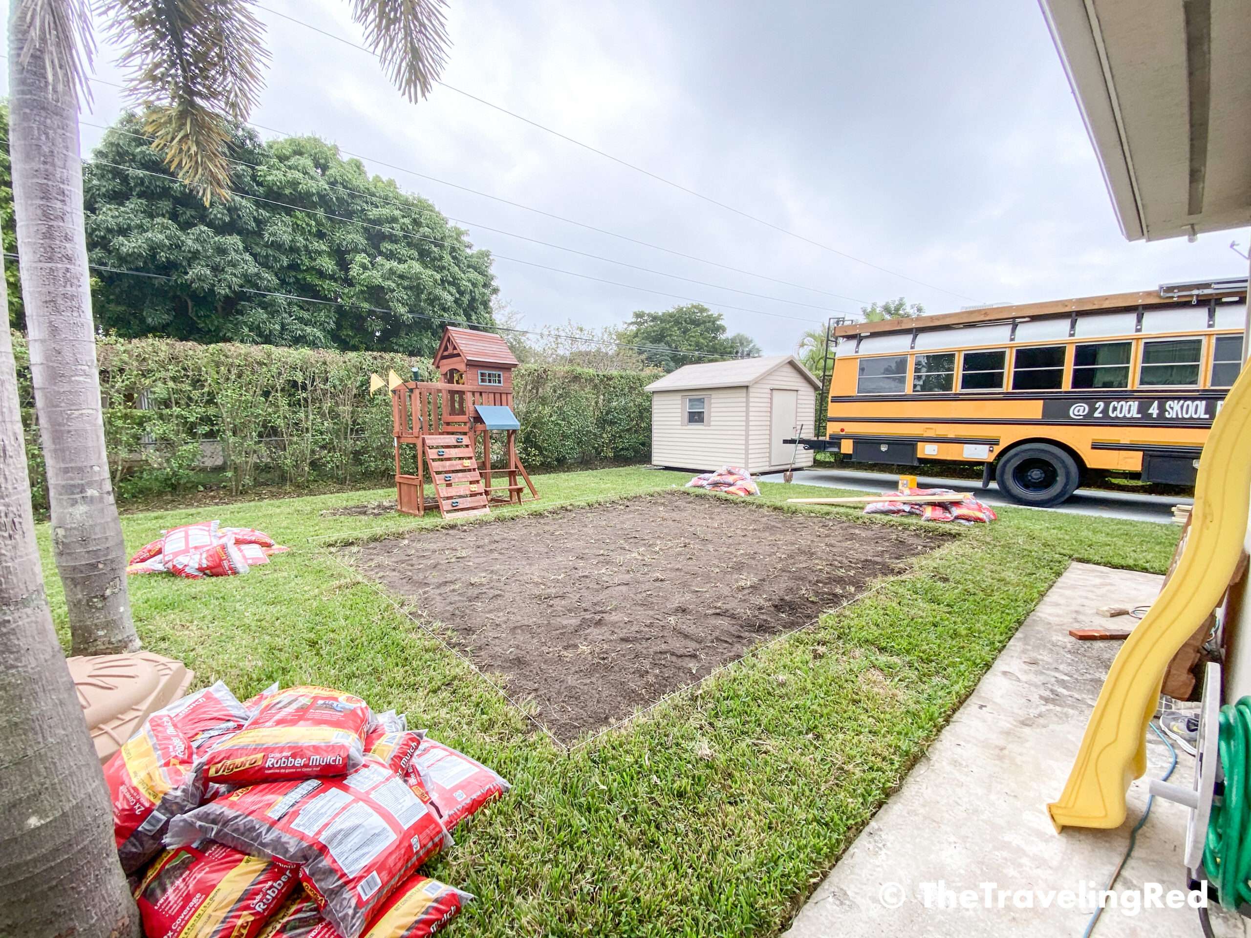 How to build a custom backyard playground with rubber mulch. Step 2 is to remove all of the grass from the space you plan to use. This space will fit our swingset, playhouse, sandbox or any other outdoor toys you plan to include. Perfect little outdoor play space for your kids to enjoy playing outside.