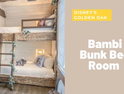 Rustic cabin bunk bed bedroom inside Disney's Golden Oak. Bambi themed kids bedroom with reclaimed wood, shiplap, greenery, flowers and lanterns throughout. Bedroom decorating inspiration. | Kids Rooms Inspo | Room Decor | Home Decor | Home Design | Farmhouse Bedroom | Interior Design