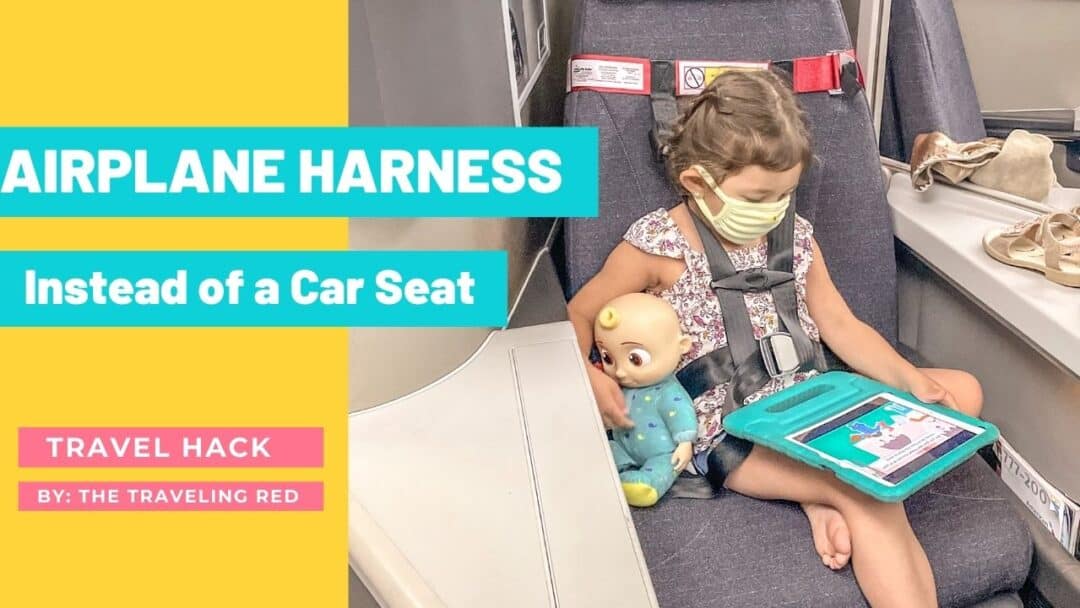 Travel hack for your next flight with kids. FAA approved airplane harness as an alternative to installing a car seat on an airplane. It it small and fits in your purse. The harness works with the airplane lap belt to restrain similar to a car seat. It does not affect the person sitting behind you because it goes under their tray table.