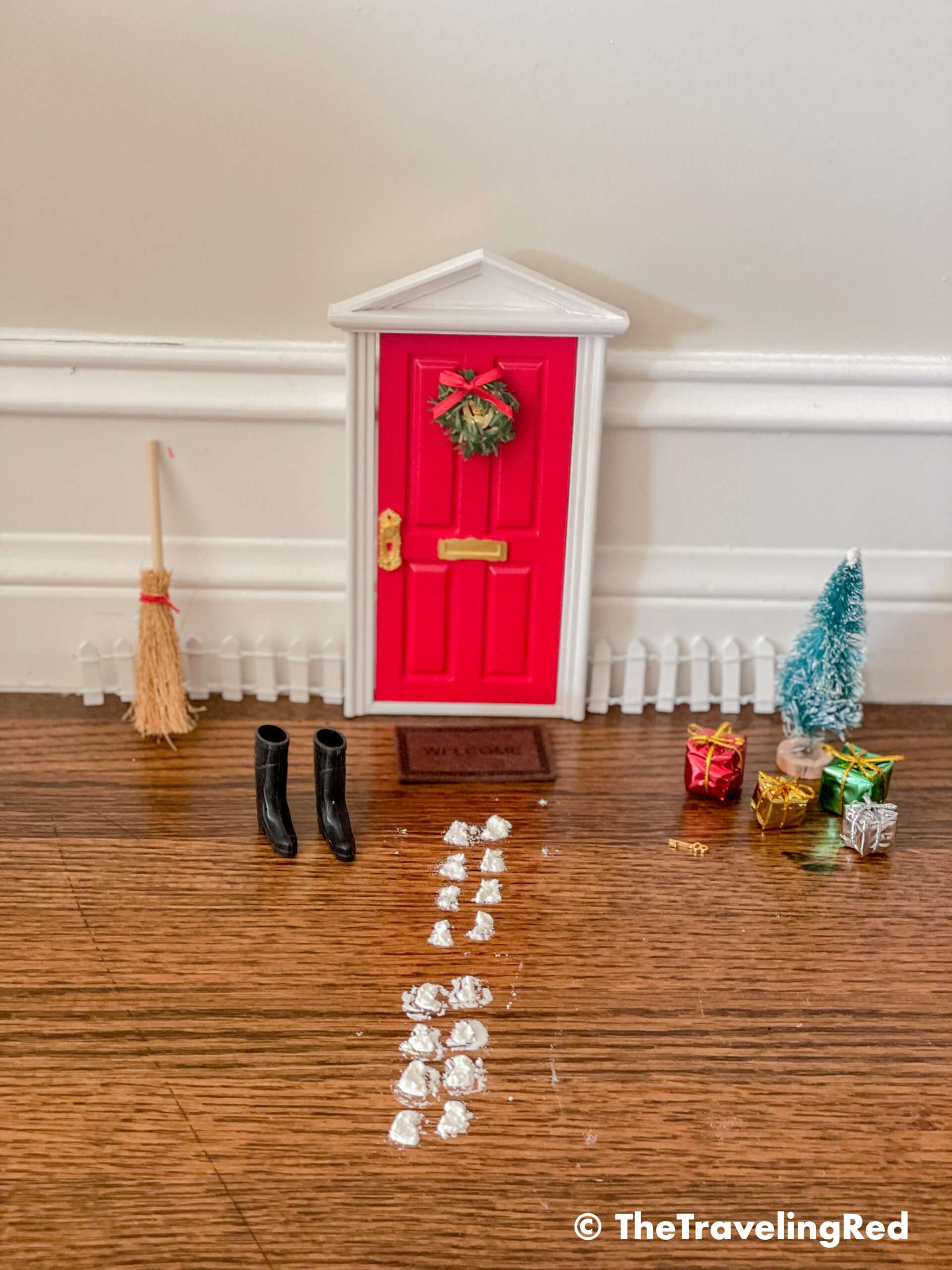 Naughty Elf on the shelf entered our home through a magic elf door and left us snowy footprints on the floor. This is how we knew we had to look for her the first day. Fun and easy elf on the shelf ideas for a naughty elf that are quick and easy using things you have at home.