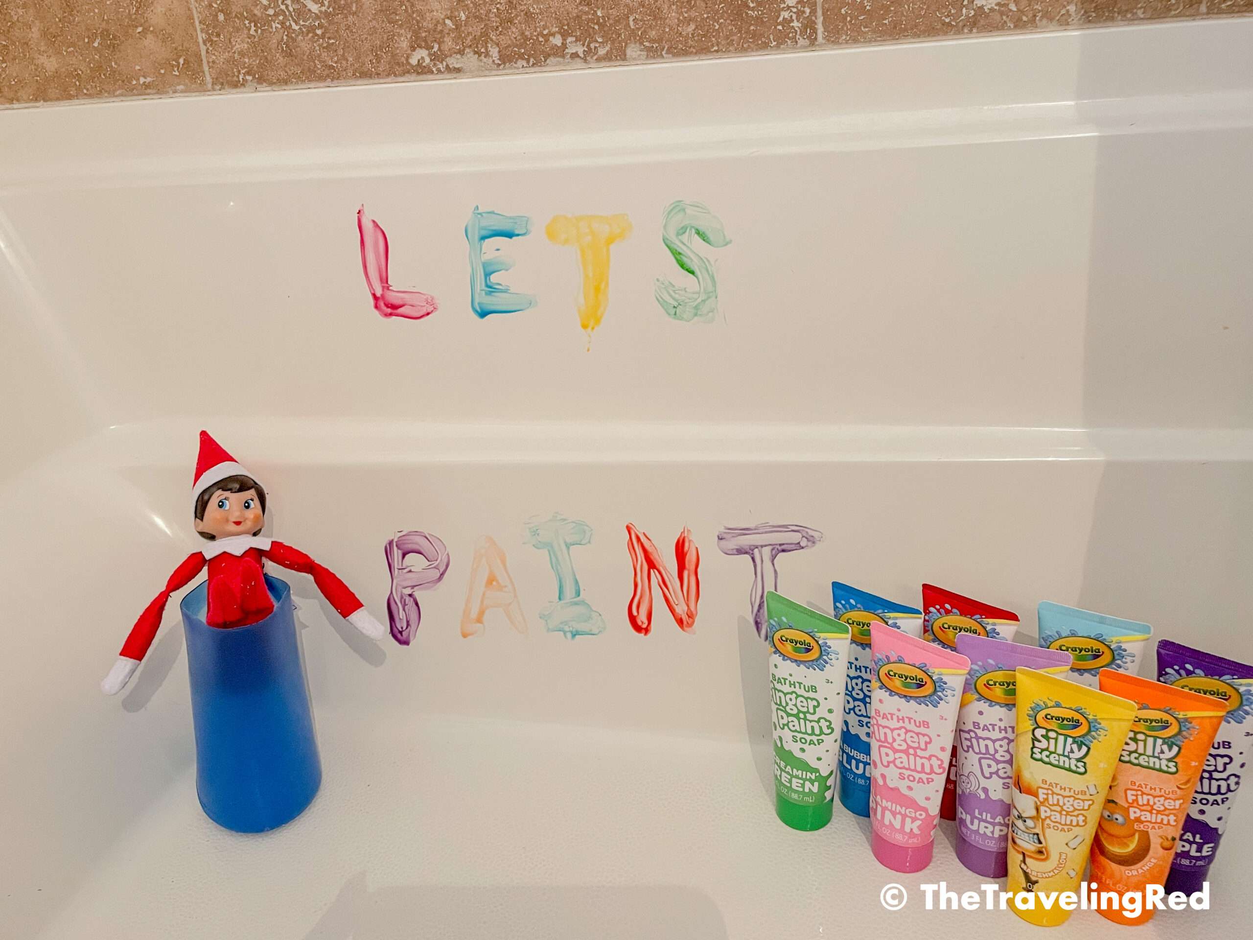 Naughty Elf on the shelf borrowed the bath paints and left a message in the bathtub. Use paints for a fun message. Fun and easy elf on the shelf ideas for a naughty elf that are quick and easy using things you have at home.