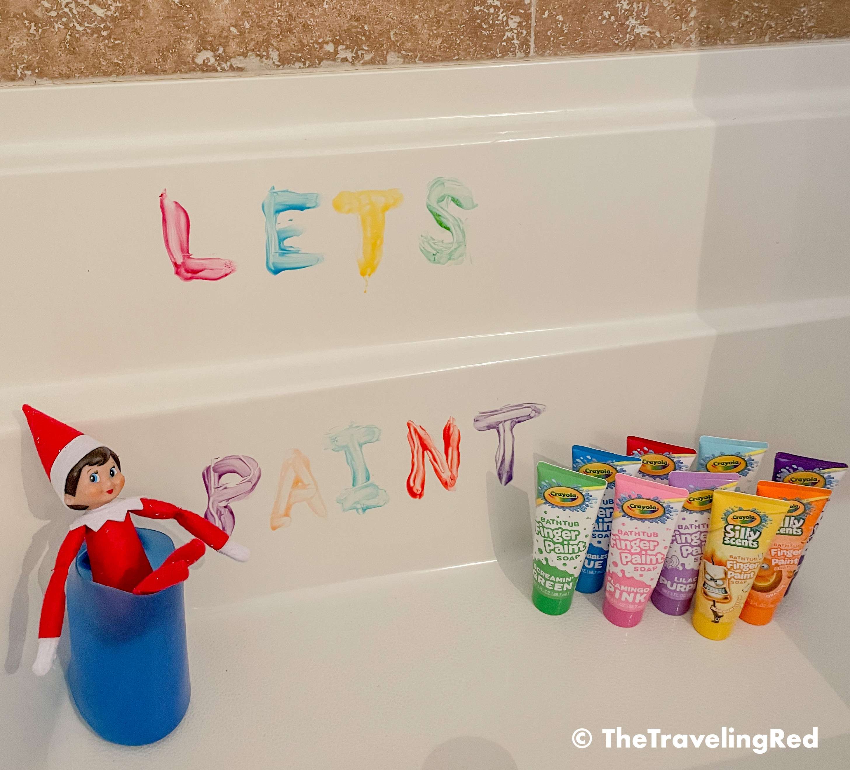 Naughty Elf on the shelf borrowed the bath paints and left a message in the bathtub. Use paints for a fun message. Fun and easy elf on the shelf ideas for a naughty elf that are quick and easy using things you have at home.