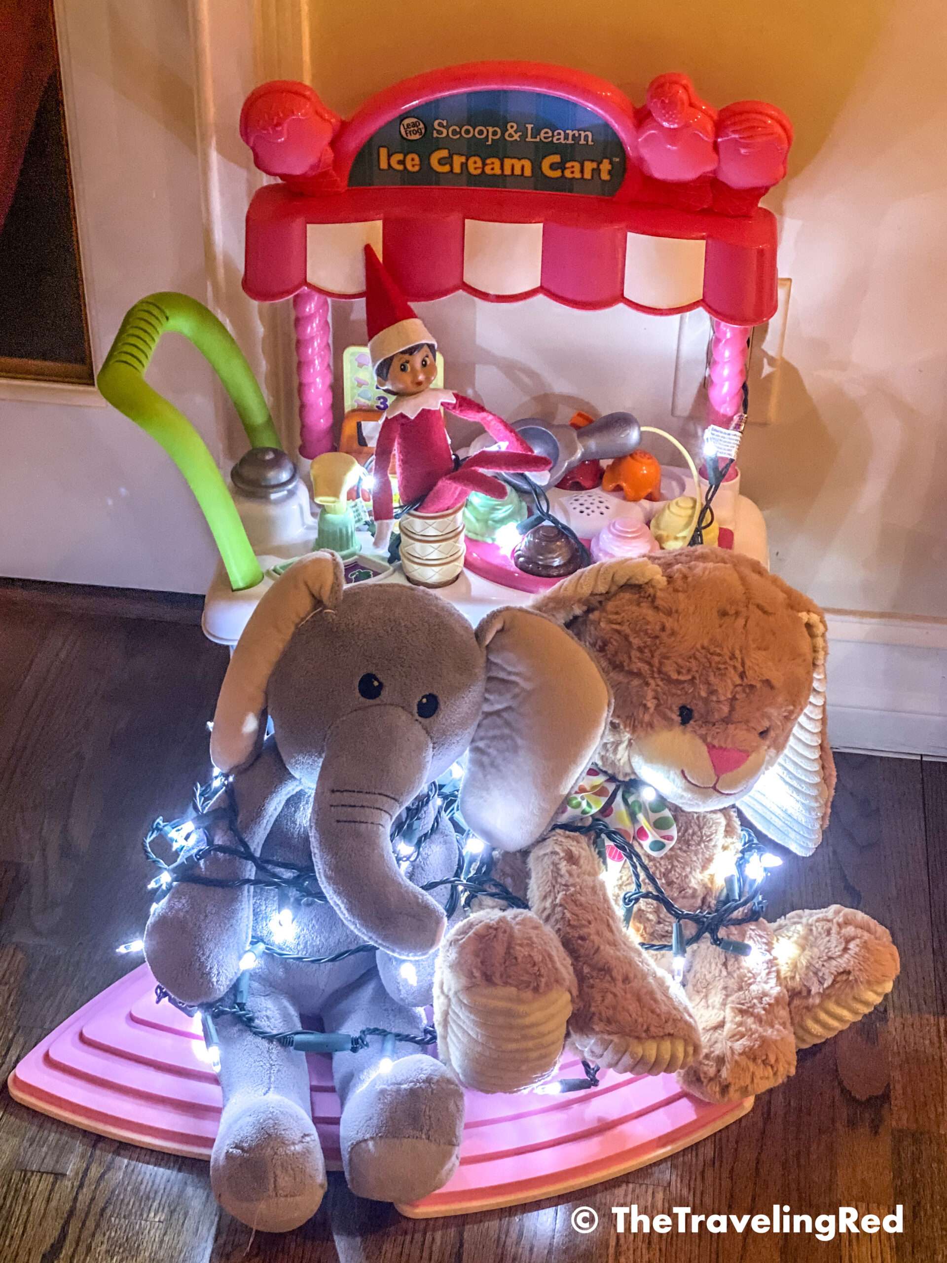 Naughty Elf on the shelf used a strand of christmas lights to tie up some of the stuffed animals. Fun and easy elf on the shelf ideas for a naughty elf that are quick and easy using things you have at home.