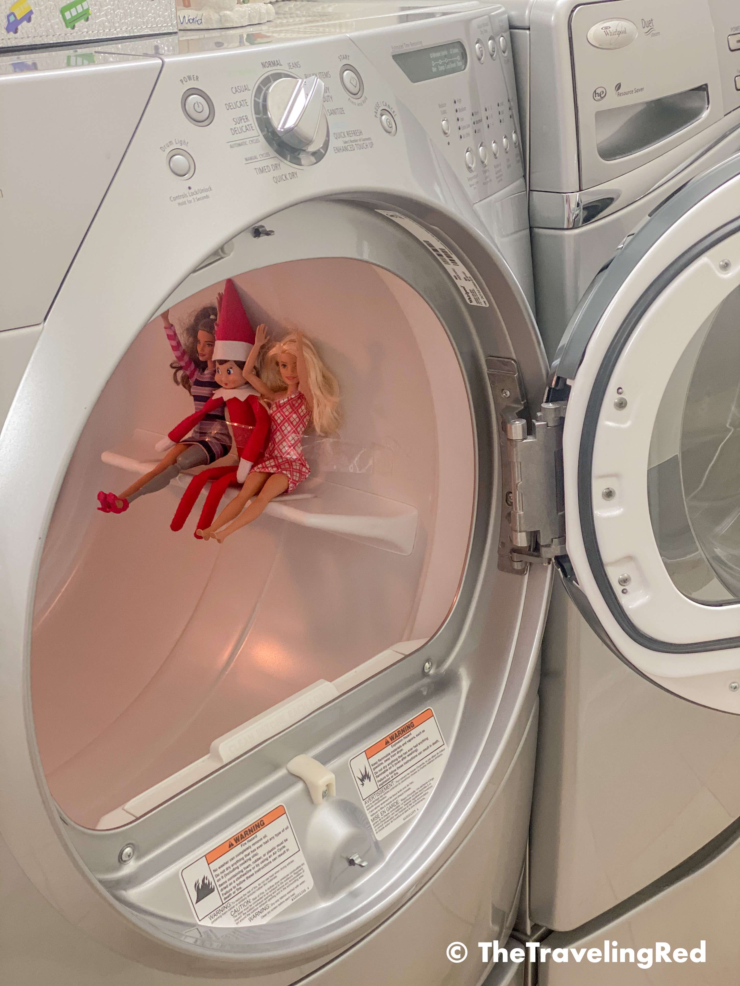 Naughty Elf on the shelf turned our dryer into an amusement park ride and took some barbies along for the fun. You only need tape. Fun and easy elf on the shelf ideas for a naughty elf that are quick and easy using things you have at home.