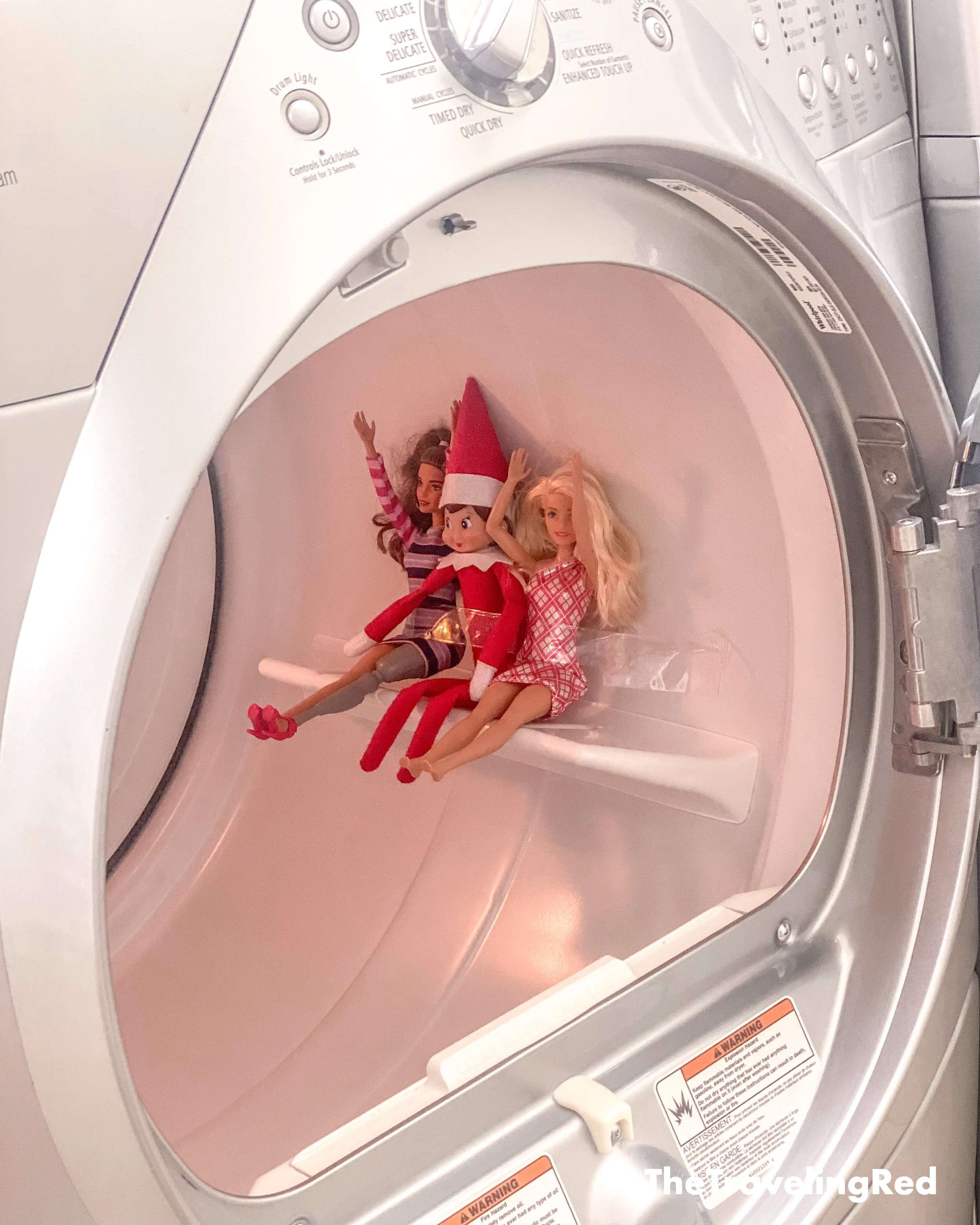 Naughty Elf on the shelf turned our dryer into an amusement park ride and took some barbies along for the fun. You only need tape. Fun and easy elf on the shelf ideas for a naughty elf that are quick and easy using things you have at home.