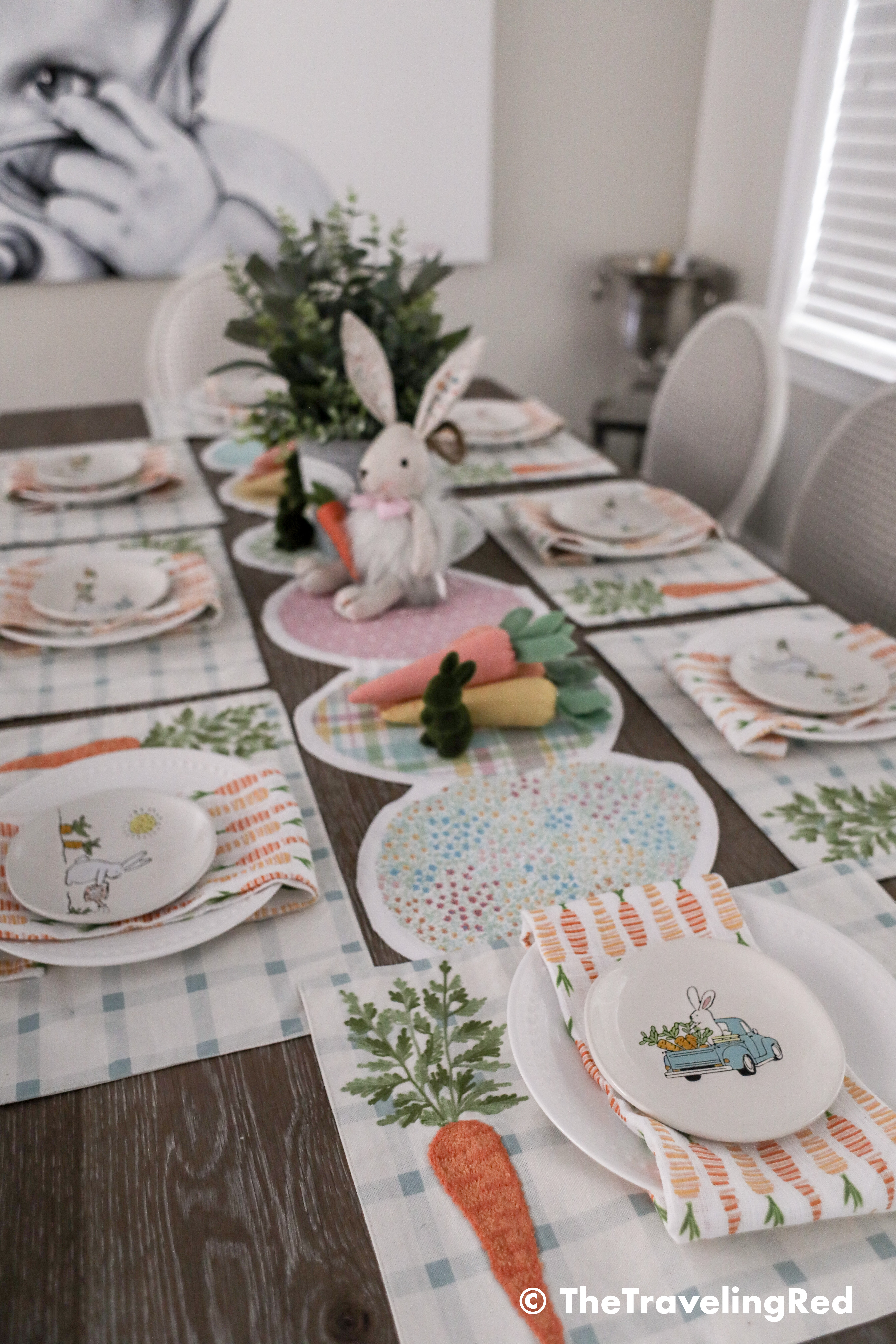 Dining room easter tablescape. Bunnies, carrots, pastels, flowers all for my farmhouse dining room. Dining room seasonal decorations.