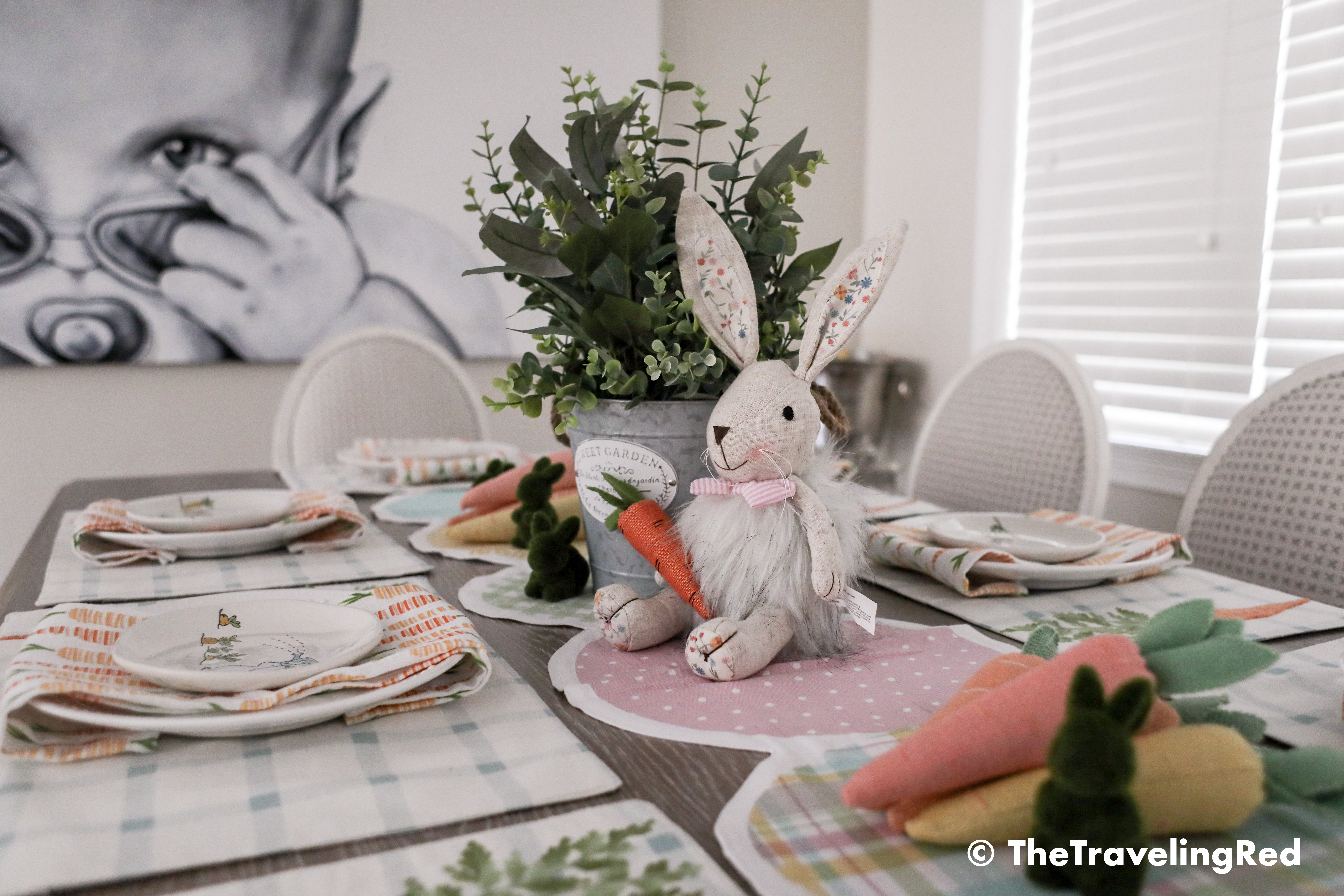 Dining room easter tablescape. Bunnies, carrots, pastels, flowers all for my farmhouse dining room. Dining room seasonal decorations.