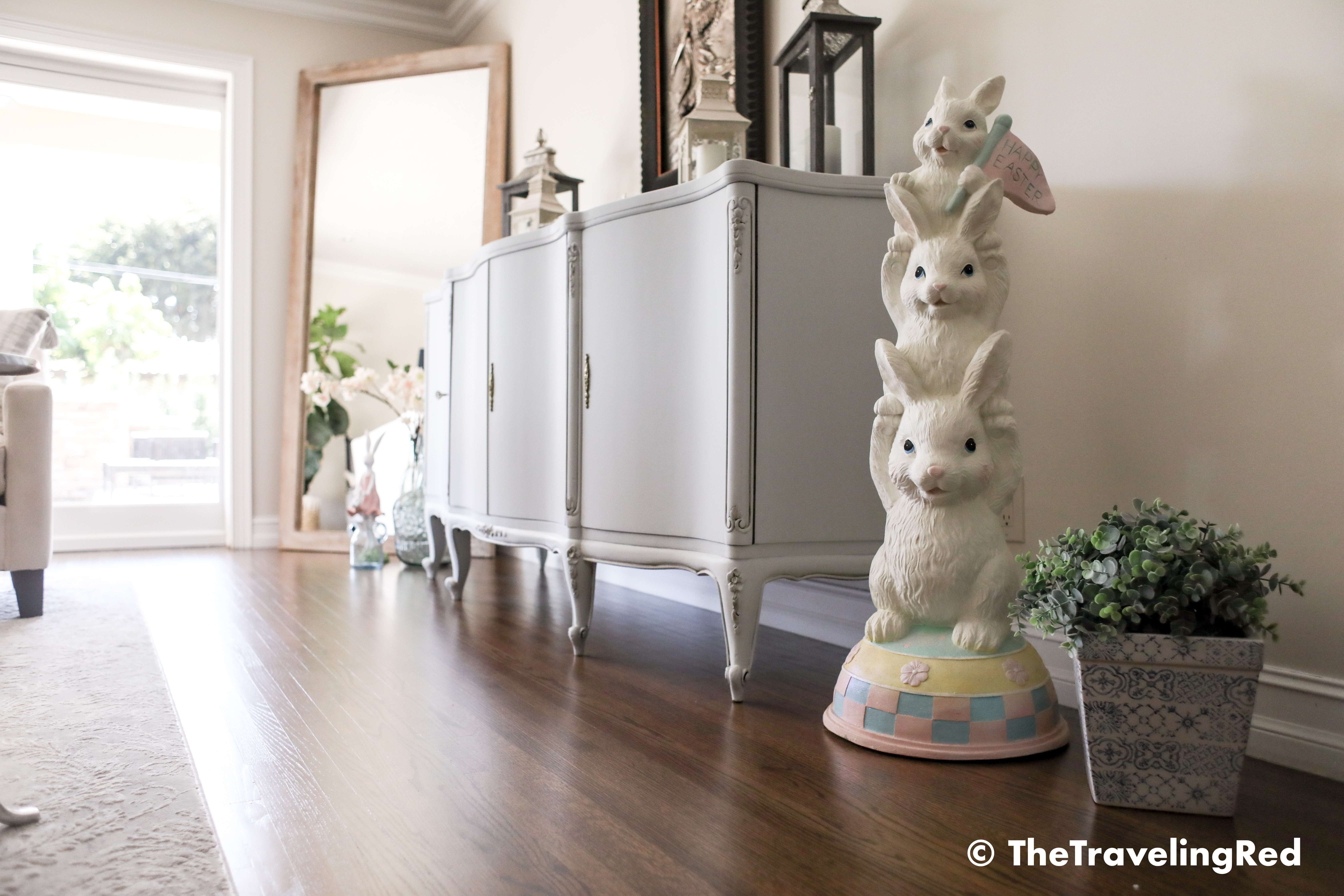 Easter home decor details in my living room and family room. Seasonal decorations perfect for spring and easter. Pillows, bunnies, candles and decor to fill the space in my modern farmhouse.