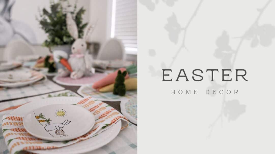 Easter home decor for my modern farmhouse. Bunnies, carrots, flowers, eggs, pastel colors to decorate my home with spring and easter details.